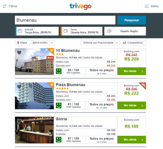 Tela de consultas do Trivago