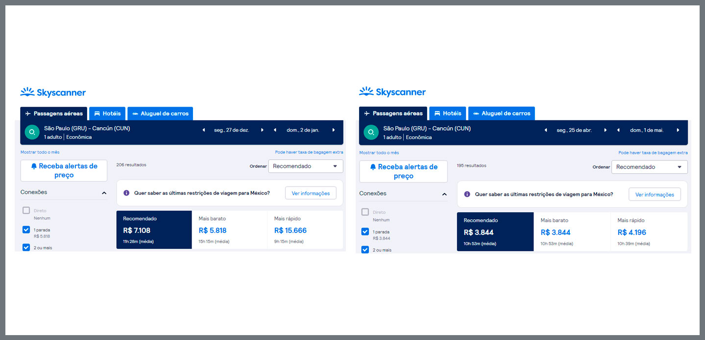 Comparação da alta e baixa temporada para Cancun na Skyscanner