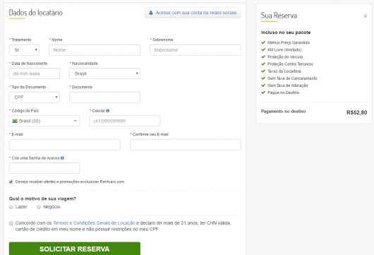Dados locatário veículo - Rentcars