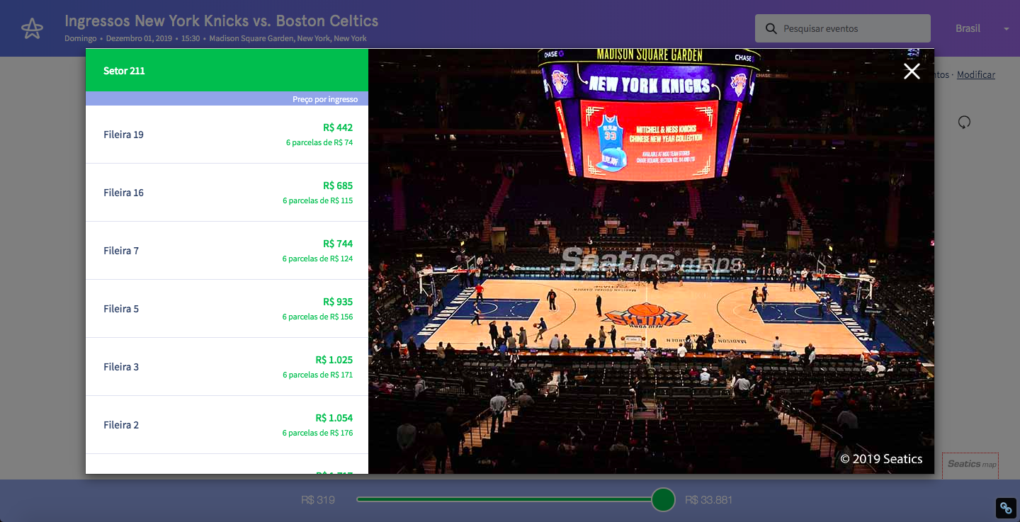 Seleção de assentos New York Knicks