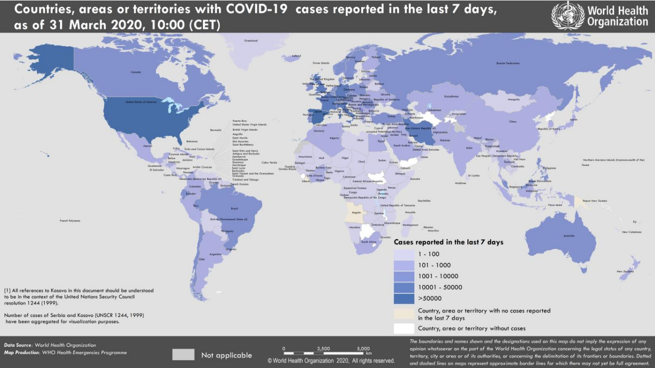 Mapa com os países com casos registrados do coronavírus (Fonte: OMS)