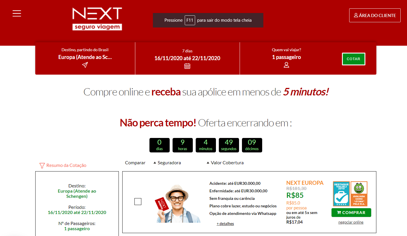 Tela de consulta de Next Seguro Viagem