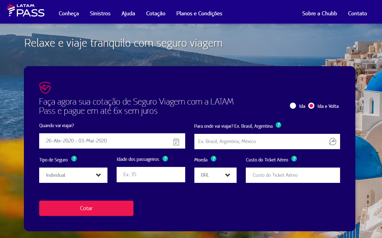 Site do Latam Pass para fazer a cotação