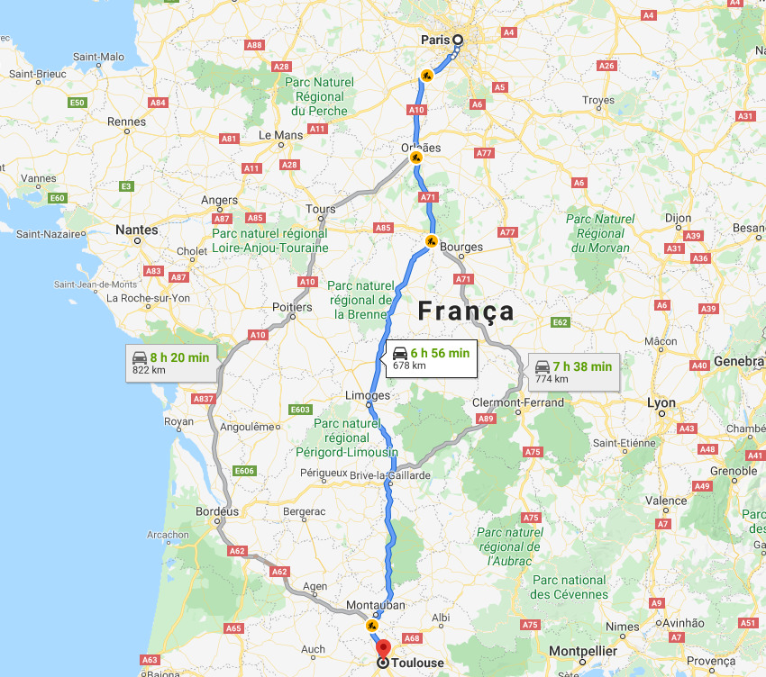 Trajeto de Paris até Toulouse