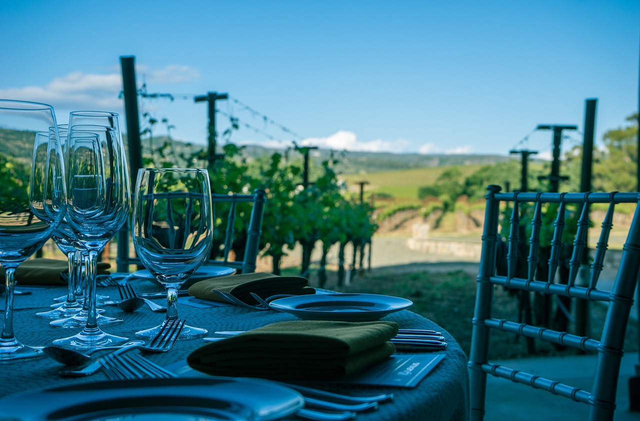 Mesa de vinhos em meio aos parreirais