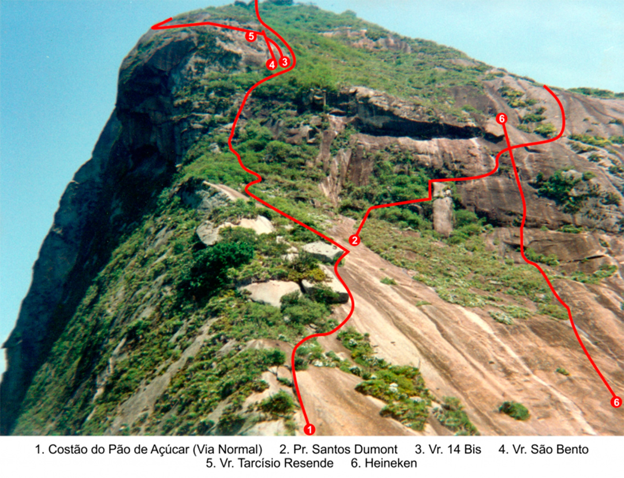 Exemplo de vias de escalada no Pão de Açúcar