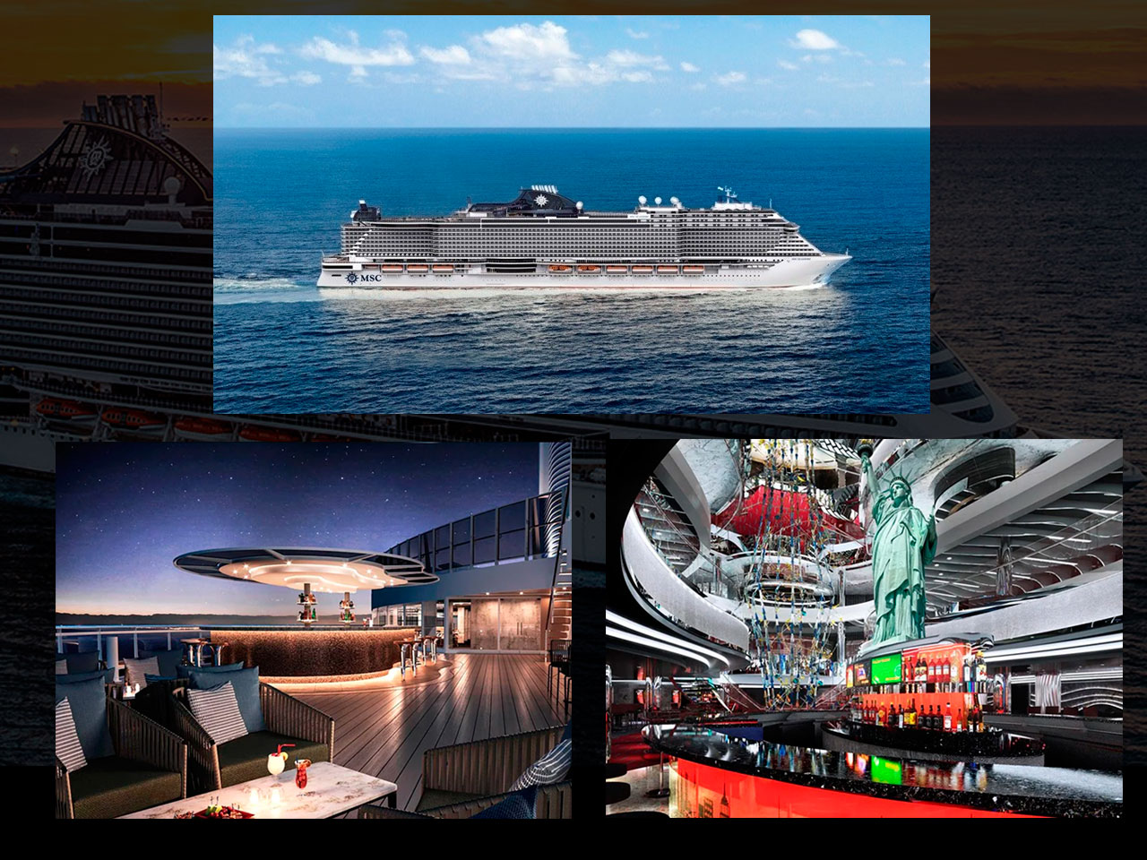 Montagem com fotos do navio MSC Seashore que é destaque da temporada de cruzeiros 2023-2024