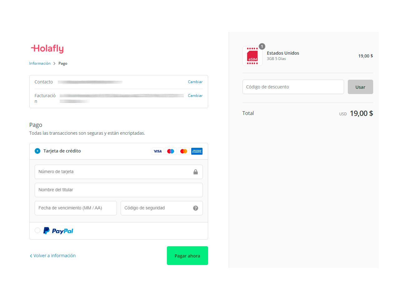 Escolha da forma de pagamento do site da Holafly