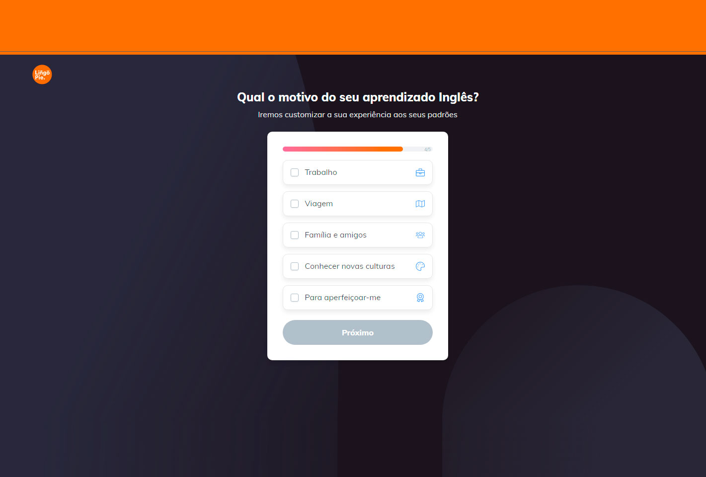 Necessário escolher o motivo de estudar inglês na Lingopie