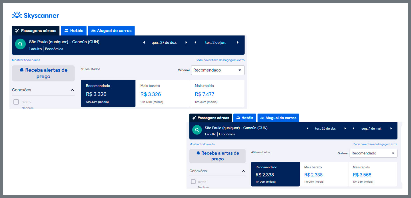 Comparação da alta e baixa temporada para Cancun na Skyscanner 2023