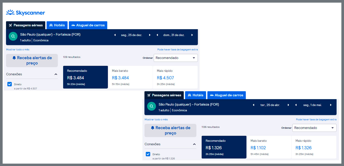 Comparação da alta e baixa temporada para Fortaleza na Skyscanner 2023