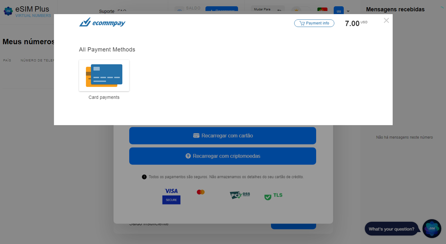 Adicionar cartão de crédito no site eSIM Plus Virtual Number