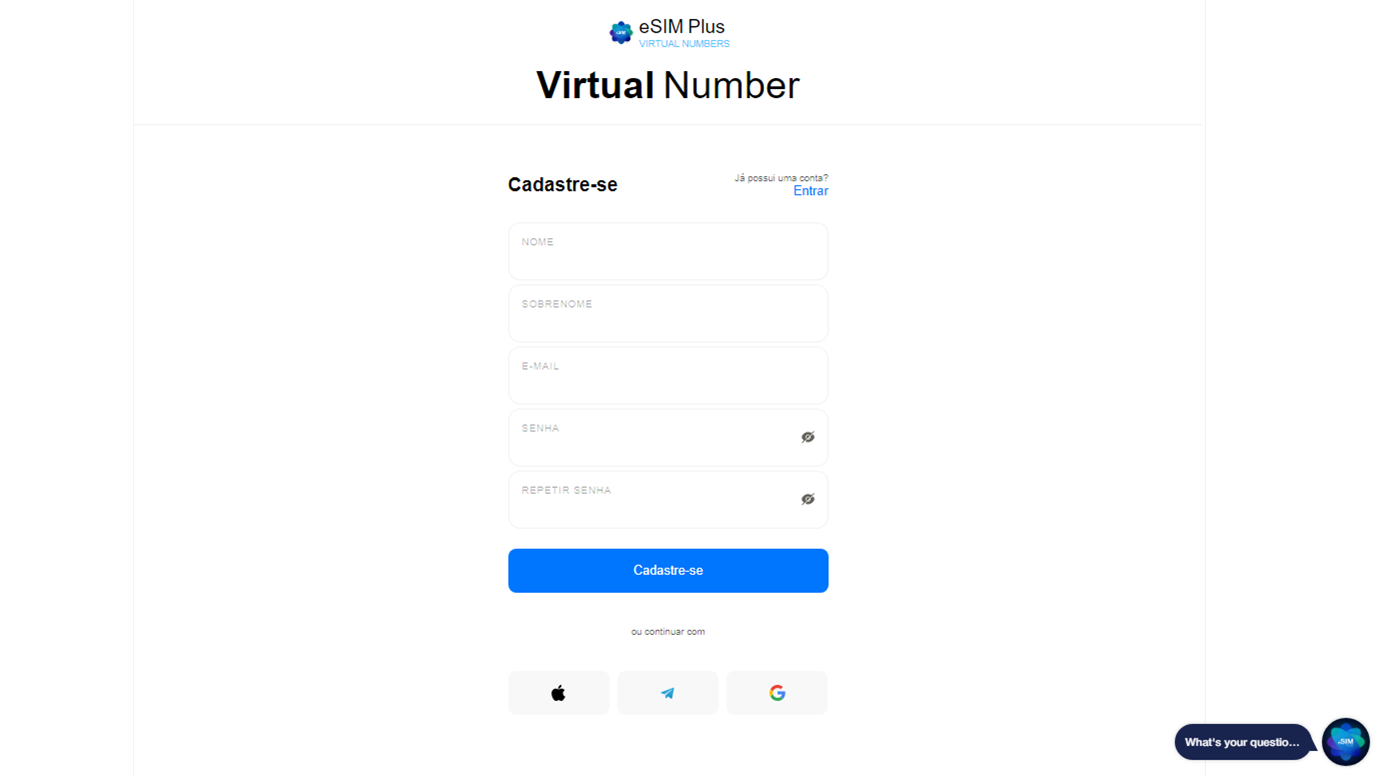 Cadastro site eSIM Plus Virtual Number