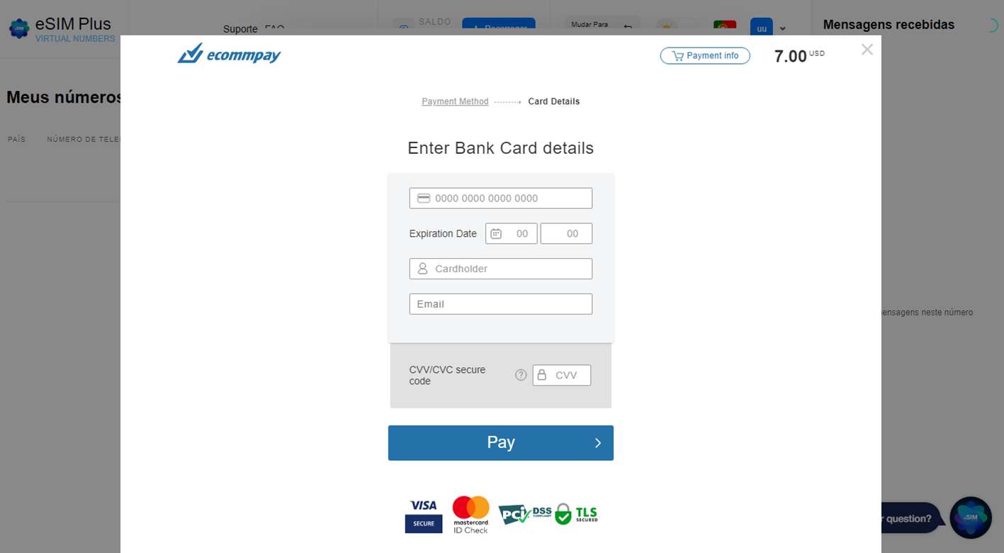 Adicionar informações do cartão no site eSIM Plus Virtual Number