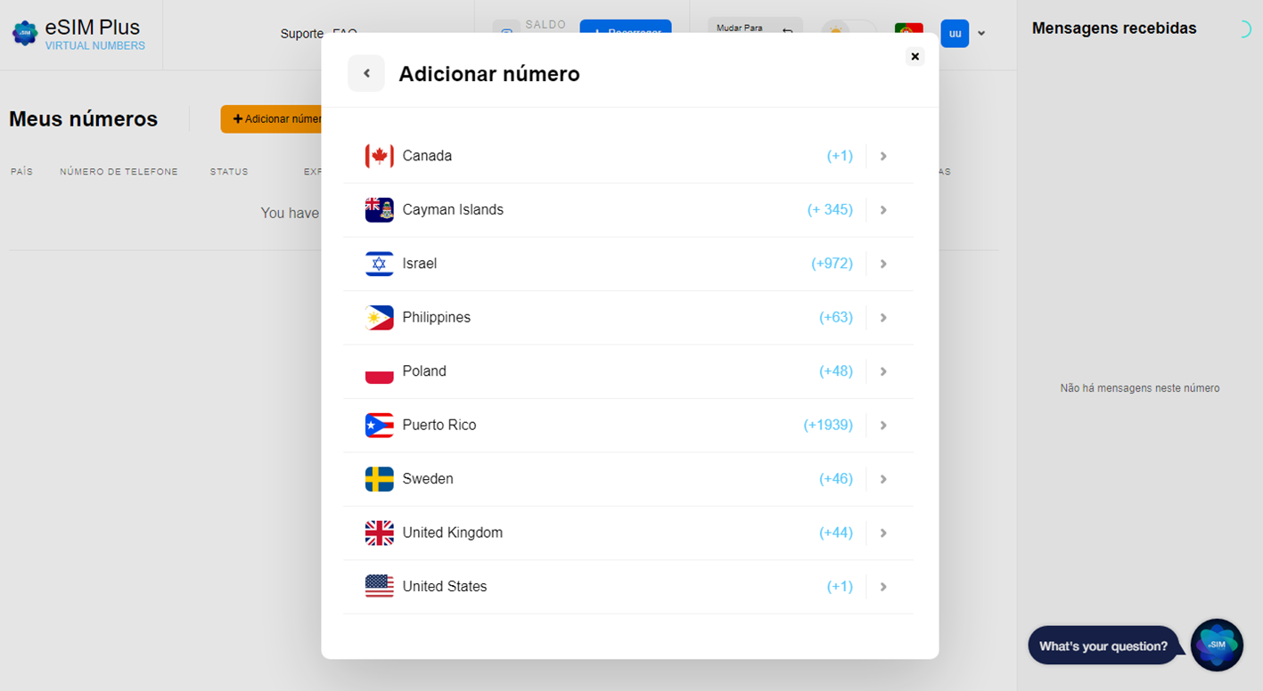 Escolher o país no site eSIM Plus Virtual Number