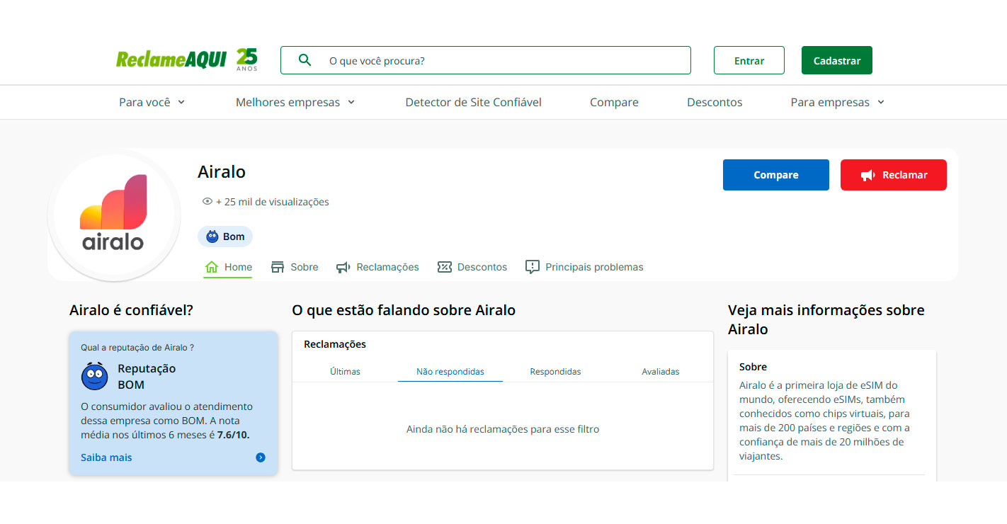 Avaliação da Airalo no Reclame Aqui
