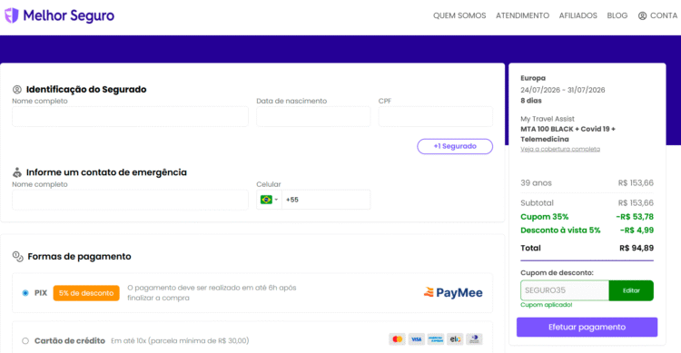 Tela de pagamento da Melhor Seguro
