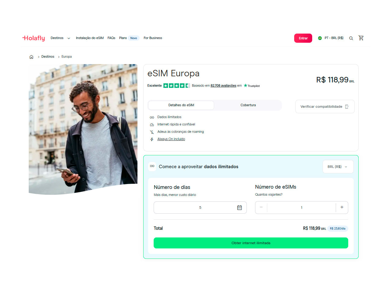 Comparação de preço eSIM internacional para a Europa (consulta site Holafly)
